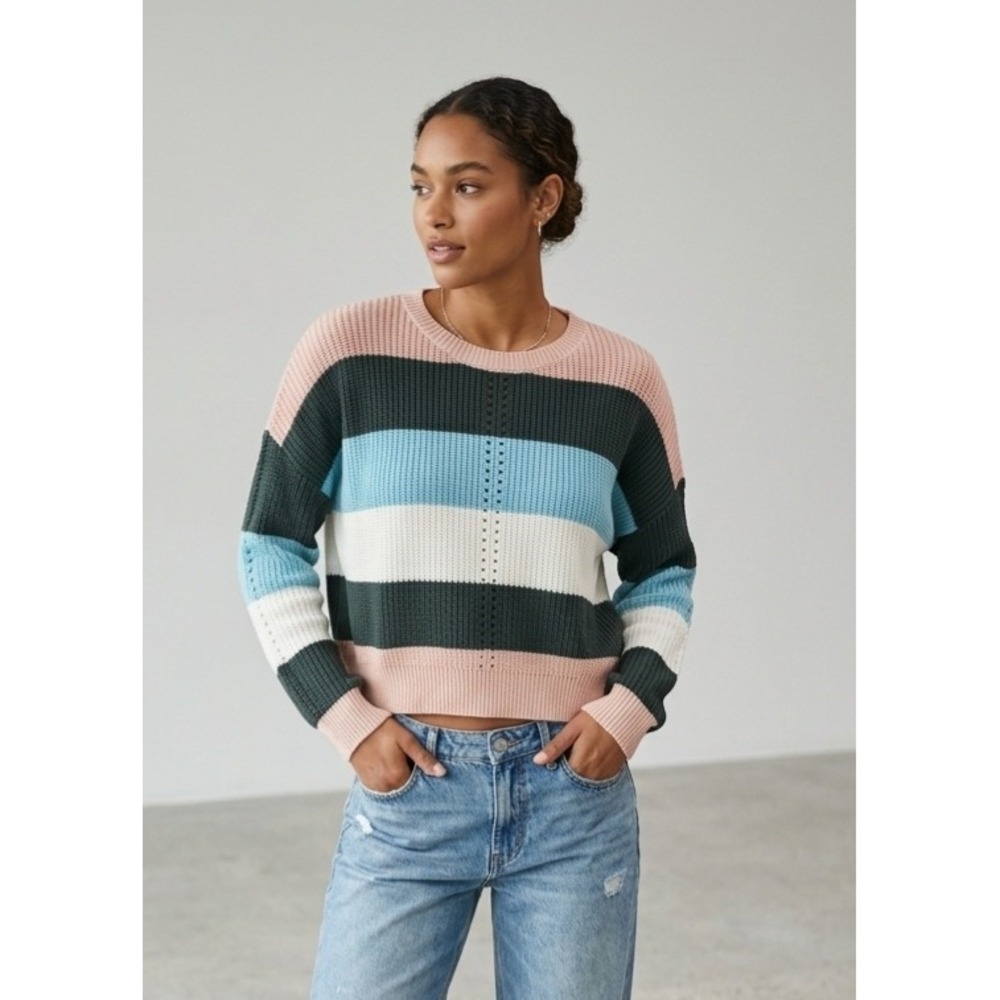 BP. Striped Shaker Stitch Cotton Crewneck Pullover Sweater Pink Blue Navy M